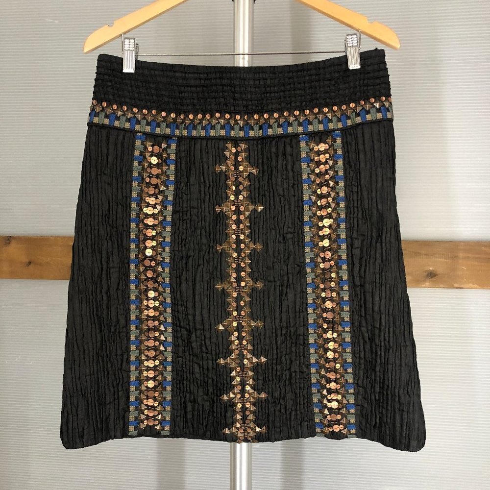 Etcetera Black Embroidered Beaded Crinkle Glam Lined A-Line Skirt Sz 8